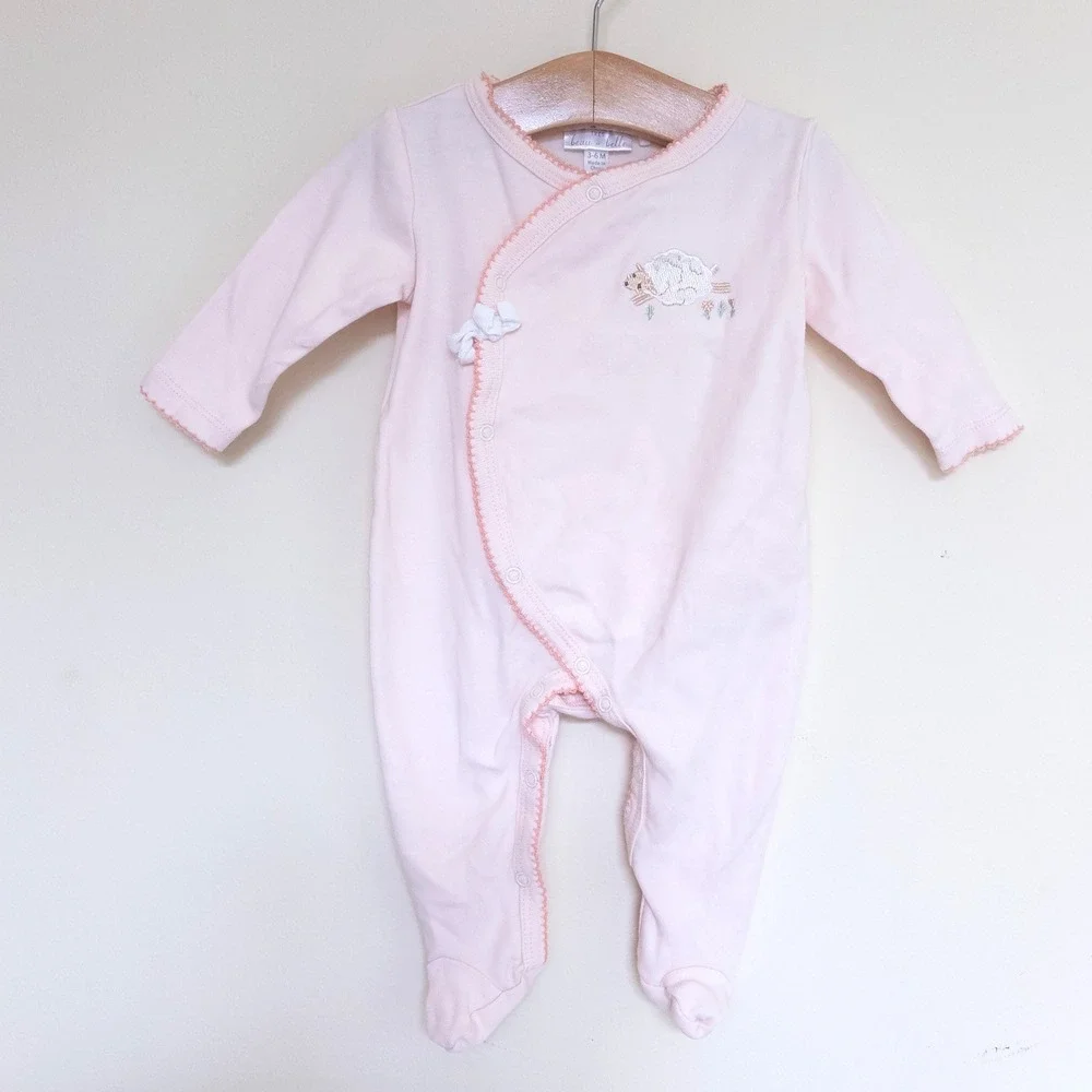 Tres Beau et Belle Footed Sleeper Pink Sheep Embroidered Pima Cotton Baby 3-6M